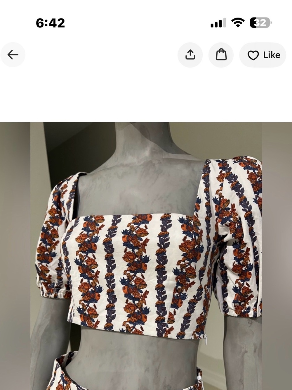 Square-Neck Puff Sleeve Floral Crop Top - White with Rust & Navy